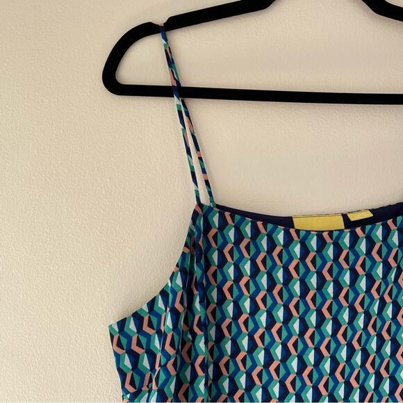 Anthropologie Maeve Sleeveless Silk Slip Mini Dress Geo Print Teal Blue Pink L - Picture 4 of 7